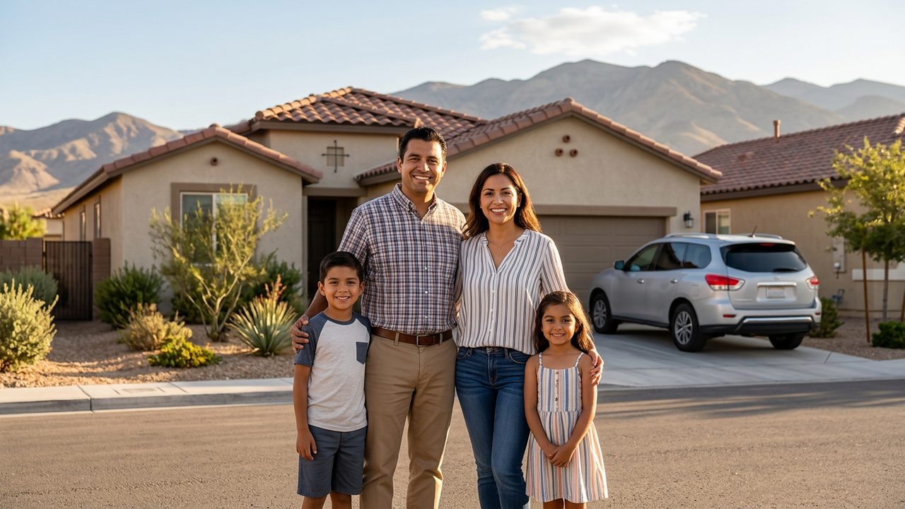 Family in front of their home and car in North Las Vegas
